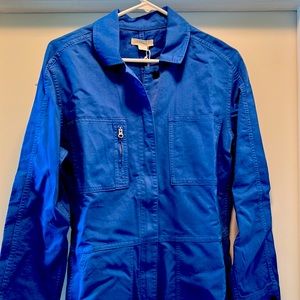 Outerknown zip front jumpsuit, cobalt blue, cotton